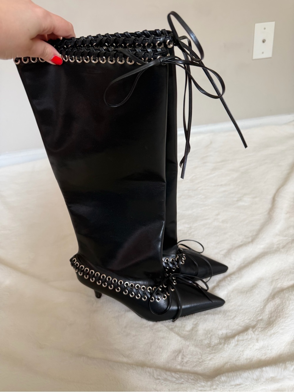 Goolita Metal Eyelets Pointed Toe Knee High Boots Women Kitten Heel Size 7 - Picture 15 of 16